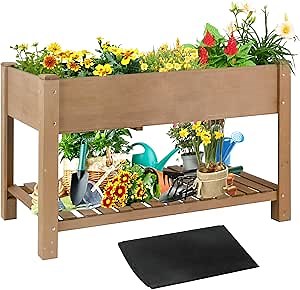 Raised Garden Bed with Legs - Elevated Wooden Planter Box, Durable Fir Wood, Reinforced Frame with Drainage Holes, Liner, and Storage Shelf for Vegetables, Herbs, Flowers, 47" x 23" x 30"
