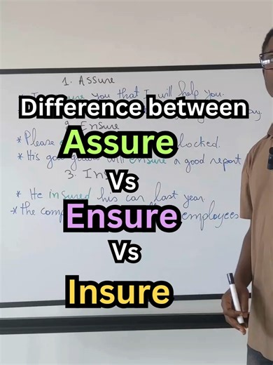 Assure vs Ensure vs Insure | Ntukongere kwitiranya ayamagambo mu cyongereza ❗ In this video, I explain the difference between assure, ensure, and insure. Aya magambo arasa, ariko asobanura ibintu bitandukanye. 🔹 Assure – guhumuriza umuntu / kumwizeza 🔹 Ensure – kugenzura ko ikintu kibaye 🔹 Insure – gutanga ubwishingizi Watch and improve your English step by step 📘✨ #IgaIcyongereza #MenyaIcyongereza #Assure #Ensure #Insure #LearnEnglish