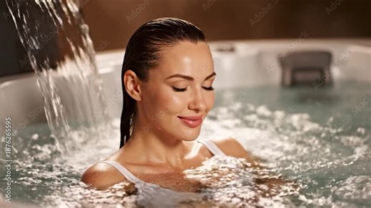 Woman relaxing in a bubbling hot tub with water cascading