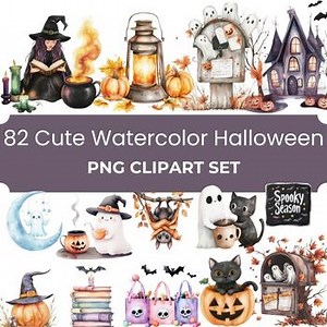 82 Halloween Watercolor Clip Art | Ghosts, Witches, Pumpkins, Cats & More