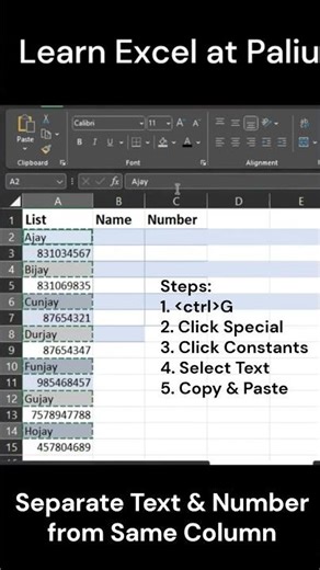 Separate Text & Numbers from a Single Mixed List in Excel using Function