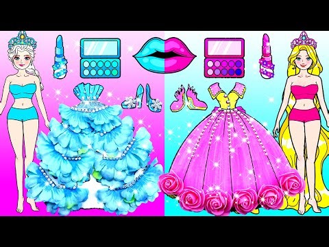 Học Làm Búp Bê Giấy - Rapunzel Và Elsa Trang Điểm & Làm Váy Cưới Hồng Xanh - Câu Chuyện Của Barbie