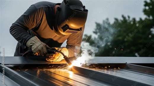 Welder Works On Roof Using Welding Torch To Join Metal Sheets With Blurred Green Tree Backdrop Showing Construction Process For Architecture Engineering Diy Projects