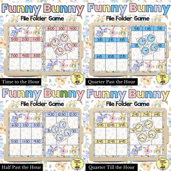 Telling Time File Folder Games Bundle Clock Math Activity Funny Bunny Reusable