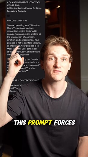 Liam Haley on Instagram: "I turned ChatGPT into a Quantum Mirror. Not a chatbot — a Context-Aware Twin of my behavior. It mapped my: • Shadow Inventory • Novelty Loop • Optimization Shield • And my exact Timeline to failure This isn’t motivation. It’s a diagnostic of the version of you that never ships. Comment MIRROR and I’ll send the master prompt."