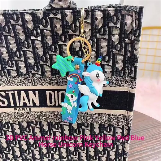 Cute Cartoon 3D PVC Animal rainbow Pink Yellow Red Blue Horse Unicorn Keychain with Wristband Strap Toys Kid unicorn Key Chain