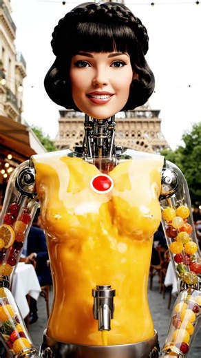 Robot Girl Serves Fresh Smoothie From Her Body in Paris! 🍊🤖 Amazing AI Animation