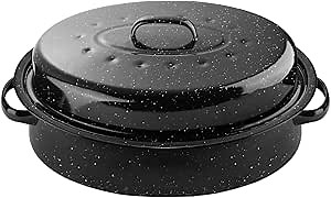 16Inch Roasting Pan, Enamel on Steel, Black Covered Oval Roaster Pan with Lid, Medium Cookware for Turkey, Small Chicken, Roast Baking Pan.