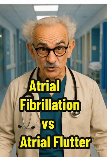 🫀 A-Fib vs A-Flutter — same atria, VERY different electrical problems ⚡ Atrial Fibrillation (AFib) Multiple chaotic electrical impulses fire throughout the atria. There are no true P waves, the baseline is fibrillatory, and the rhythm is irregularly irregular. Loss of coordinated atrial contraction → blood stasis → ↑ stroke risk. 🔺 Atrial Flutter (A-Flutter) A single macro-reentrant circuit (usually in the right atrium) fires in a loop. This creates sawtooth flutter waves with a more regular v