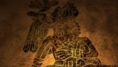 A mysterious Mayan or Aztec symbol on cave wall with candlelight...