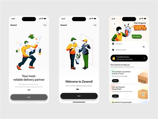 Design that guides the first delivery. This courier delivery app UI uses illustration-driven onboarding and a focused home screen to help users understand pricing, guarantees, and delivery actions without confusion. From welcoming first-time users to highlighting flat rates and delivery assurance, every screen is designed to reduce hesitation and build confidence. 𝗜𝗱𝗲𝗮𝗹 𝗳𝗼𝗿: Courier services | Logistics apps | On-demand delivery platforms 𝗢𝘂𝗿 𝗦𝗲𝗿𝘃𝗶𝗰𝗲𝘀: - Mobile App UI Design -