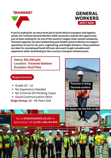 Transnet General Worker Vacancies for 2026 – Apply Now!