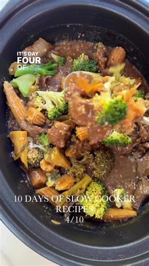 10 DAYS OF SLOW COOKER RECIPES RECIPE 4/10 SLOW COOKER - ASIAN BEEF & BROCCOLI Serves 6 Ingredients: 1kg rump beef, sliced thinly 1 brown onion, chopped 4cm piece ginger, finely chopped 3 garlic cloves, finely chopped 1/2 cup soy sauce 1/4 cup hoisin 1/4 kecap manis 1 tablespoon cornflour mixed with 2 tablespoons water 350ml chicken stock 2 cups broccoli florets 400g canned baby corn, drained 3 tablespoons of sesame seeds Method : 1. To the slow cooker: add onion, beef, ginger, garlic, soy sauce