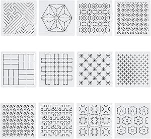 FREEBLOSS 12Pcs 5.5 * 5.5inch Plastic Sashiko Stencils Drawing Stencils Embroidery Patterns 12 Different Geometric Stencils for Embroidery Sashiko Templates for Hand Quilting