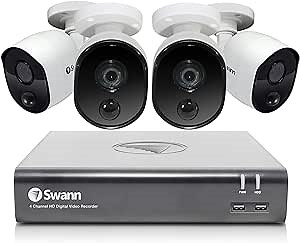 Swann Home DVR Security Camera System with 1TB HDD, 4 Channel 4 Camera, 1080p Full HD Video, Indoor or Outdoor Wired Surveillance CCTV, Heat Motion Detection, 445804