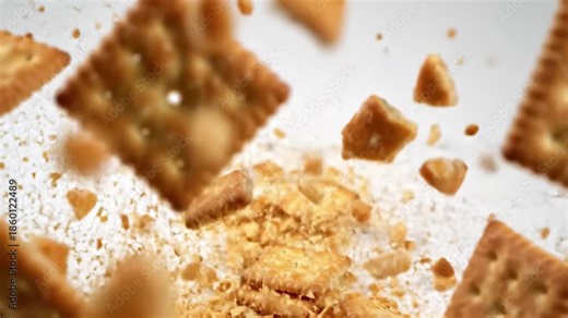 Salty square crackers exploding and crashing into crumbs in midair, 4k
