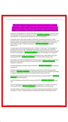 TEXAS State Insurance License Exam Latest Update 20242025 Actual Exam Questions and 100 Verified Cor