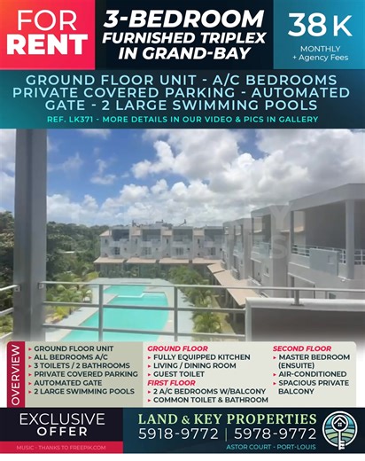 𝗙𝗢𝗥 𝗥𝗘𝗡𝗧 Furnished Triplex in GRAND-BAY 𝗛𝗜𝗚𝗛𝗟𝗜𝗚𝗛𝗧𝗦 Spacious 3-Bedroom Furnished Triplex in a Secure Gated Community 𝗢𝗩𝗘𝗥𝗩𝗜𝗘𝗪 Ground Floor ✅ Fully equipped Kitchen ✅ Living / Dining Room ✅ Guest Toilet First Floor ✅ 2 Air-conditioned Bedrooms with Balcony ✅ Common Toilet & Bathroom Second Floor ✅ Master Bedroom (En-suite) ✅ Air-conditioned ✅ Spacious Private Balcony 𝗙𝗘𝗔𝗧𝗨𝗥𝗘𝗦 & 𝗔𝗠𝗘𝗡𝗜𝗧𝗜𝗘𝗦 ✅ All bedrooms air-conditioned ✅ 3 Toilets / 2 Bathrooms ✅ Private Co