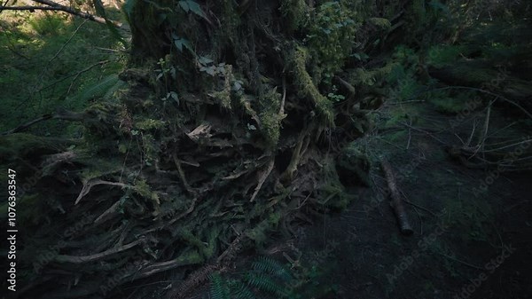 Exposed roots of old fallen Douglas Fir trees in a forest. Slow motion.