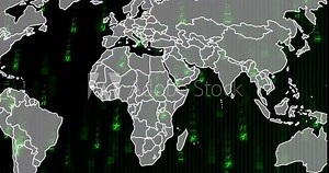 Grey map fading in showing data flow white borders drawing green code scrolling hotspots pulsing