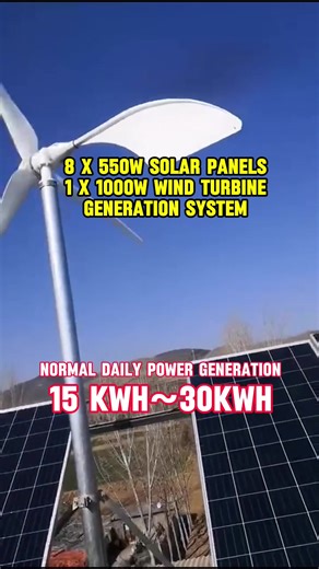 A bespoke electricity solution for our client: a complementary power generation system comprising eight 550W solar panels and a 1kW wind turbine, ensuring continuous power supply even under extreme conditions of no wind or sunlight. What are your thoughts on such a power generation system?#windturbine #windpower #windmill #freeenergy #windgenerator