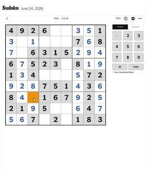 New York Times Sudoku Easy level for June 24, 2026
