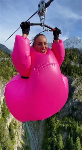 EXTREME ZIPLINE CHALLENGE! 😱 Flying in a Giant Pink Suit! #shorts