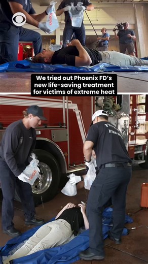 Phoenix Fire Department has become one of the only departments in the country to employ a new, life-saving tactic to bring people suffering from extreme heat back from the brink — and our CBS News' @krisvancleave was a test dummy for it.The treatment, which involves lots of ice and a cooler bag, usually works in just minutes, the fire department says.