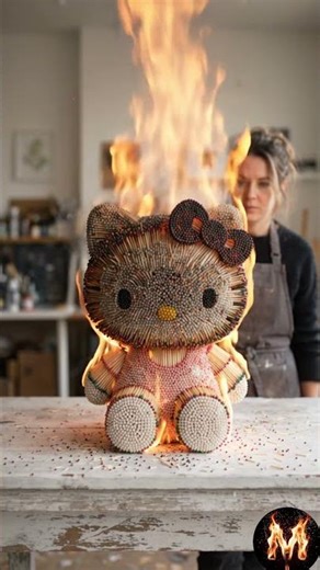Matchstick Hello Kitty catches fire completely #satisfying #shorts