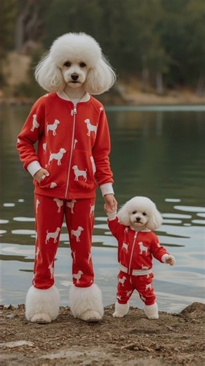 Poodle Dad & Tiny Pup in Matching Red Tracksuits 🐶❤️ Lake Dance!