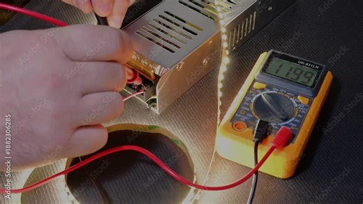 hands using a yellow multimeter to measure the output voltage of a power supply unit while it actively illuminates a connected LED strip.
