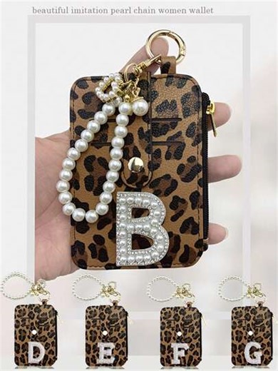 Leopard Print Pattern Women's Thin Card Bag Id Bag 26 Letters A-Z Cute Zipper Coin Purse For Wife, Children, Girlfriend Valentine's Day Exquisite Gift Bag Fashionable Faux Pearl Keychain Gorgeous Jewelry Hanging Bag Storage Credit Card Driver's License Japanese Subway Transportation Card Holder, Mother's Day Gift, Teacher's Day Gift, Wedding Season, Graduation Season, Back To School Season | SHEIN