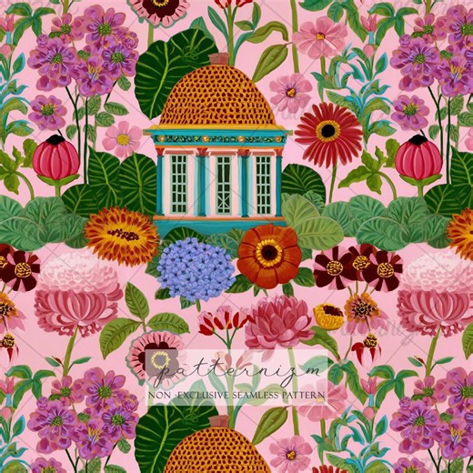 Seamless Victorian Garden Pattern Digital Download – Pink Floral & Classical Pavilion Design, Lush Botanical Fabric for Crafts - Etsy