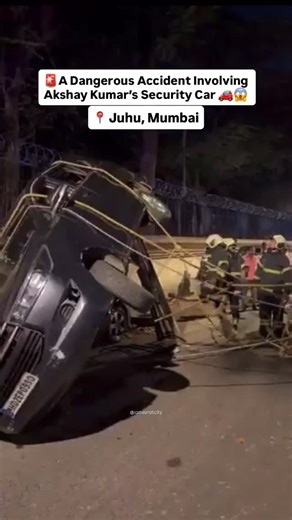 I am surat city on Instagram: "A dangerous road accident occurred in Juhu, Mumbai, involving a vehicle from Akshay Kumar’s security convoy. The incident happened when a speeding car hit an auto-rickshaw, which then collided with the security vehicle, causing a chain reaction accident. Akshay Kumar was safe and not injured. However, the auto-rickshaw driver and passenger were injured and taken to a nearby hospital. Mumbai police have started an investigation and registered a case of rash driving