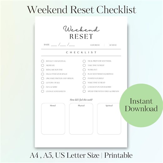 Weekend Reset Checklist Planner – Printable Self-care Routine (PDF) A4, A5, US Letter - Etsy UK