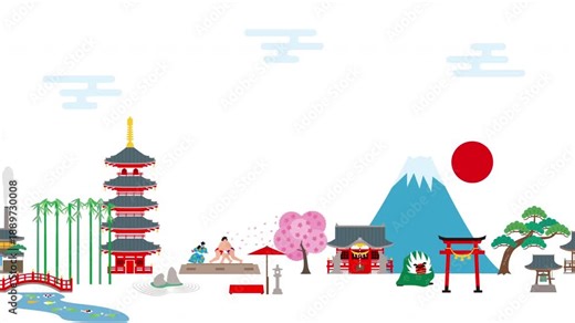 日本の富士山と青海波と四季の風景・風物詩・行事のイラスト動画