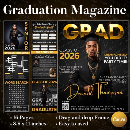 Graduation Activity Booklet Editable Canva Template,2026 Senior GRAD Magazine Booklet, Blue Senior Memory Book Cover & Booklet Bundle