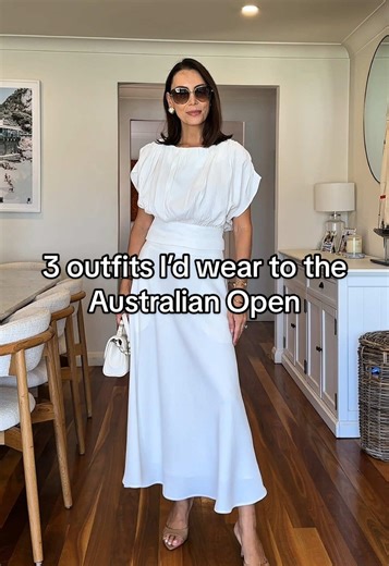 3 different outfits that I’d wear to the Australian Open, all from @FORCAST Look 1 - Goulbury tie waist top and skirt Look 2 - Miami gathered neck dress Look 3 - Ami v neck linen vest and Ami wide leg linen pants Which one is your favourite? #forcaststyle #ootd #outfitideas #matchingset #recentoutfits