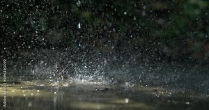 Water splashing on the ground, slow-motion capture of droplets creating a dynamic and refreshing scene with a natural background