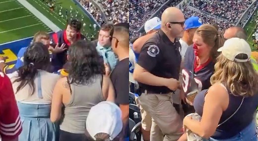 Female Texans Fan Left With Face Full Of Blood After Ugly Fight With Male Rams Fan At SoFi Stadium [VIDEO]