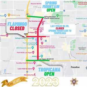*NEW YEAR'S EVE INFO* We are welcoming more than 300,000 people to Las Vegas to ring in 2023! If you are planning to visit The Strip or work in this area, please know there will be road closures! *Note, both Spring Mountain Road AND Tropicana will remain open for east/west traffic at Las Vegas Blvd.* Here is an approximate timeline: 🚧 5:00 pm: Eastbound Flamingo from Hotel Rio Dr. to shut down by State Police/NDOT State Police/NDOT will close freeway off-ramps at Flamingo and remain so through 