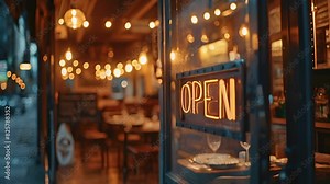 Sign OPEN on a restaurant shop , Open sign board on glass door in modern cafe coffee , food and drink concept