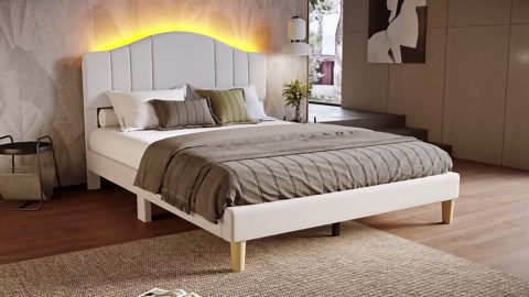 Pinmoco Full Upholstered Bed Frame with Adjustable Arc-shaped Headboard, LED Platform Bed, Fabric Gray