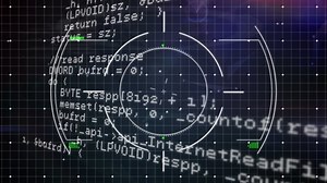 Animation of scope scanning over data processing on black background. Global technology, computing and digital interface concept digitally generated video.