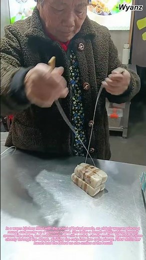 traditional baking | grandma cuts pastry by pulling string around cake