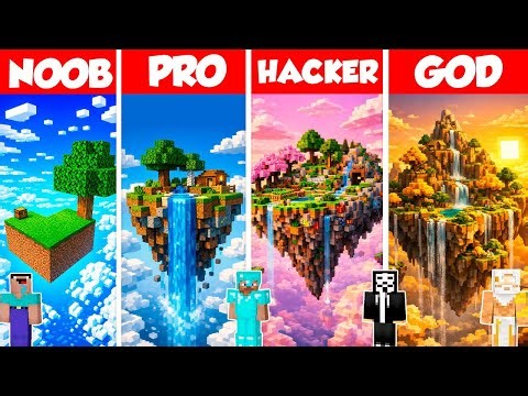 SkyBlock Island Build Battle Challenge - Noob vs Pro vs Hacker vs God - Minecraft Animation