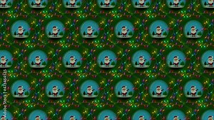 Festive Christmas animated wrapping paper background, with waving Santa in a snowglobe and flashing fluttering fairy lights on a dark green background, with write-on animated Merry Christmas message
