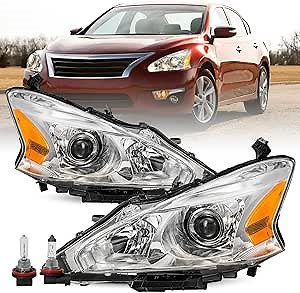 TUSDAR Headlight Assembly Fit for 2013 2014 2015 Nissan Altima 4-Door Sedan | Halogen Projector Headlamps with Bulbs, Waterproof, Plug & Play, Chrome Housing with Amber Reflector, Driver & Passenger Side