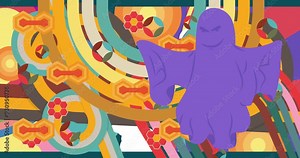 Retro 70s Background animation with Ghost. Groovy Halloween. 1970s art video. Minimalistic Vintage design, old-fashioned color artwork.