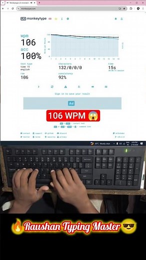 106 WPM 😱 with 100% Accuracy on Monkey Type #106wpm #typingtest #asmr #shorts #raushantypingmaster